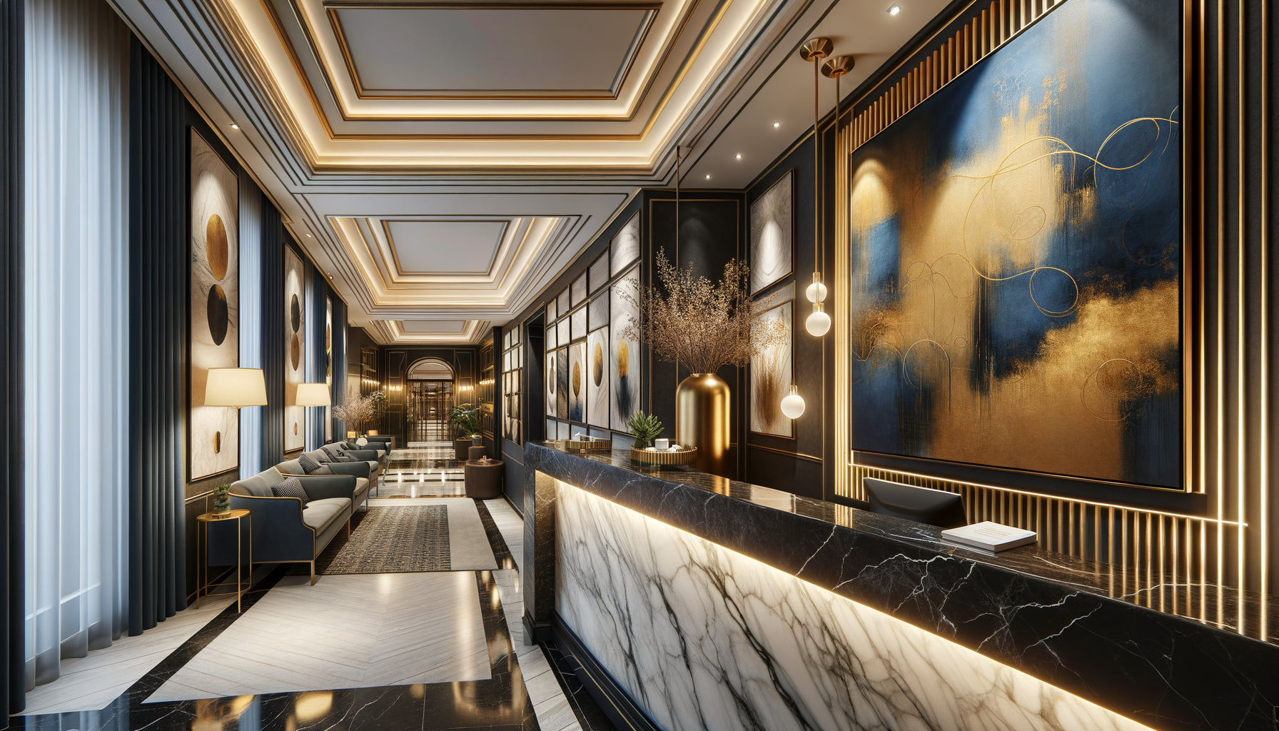 Réception de boutique-hôtel contemporain avec œuvres d'art murales abstraites et élégantes installées derrière le comptoir d'accueil