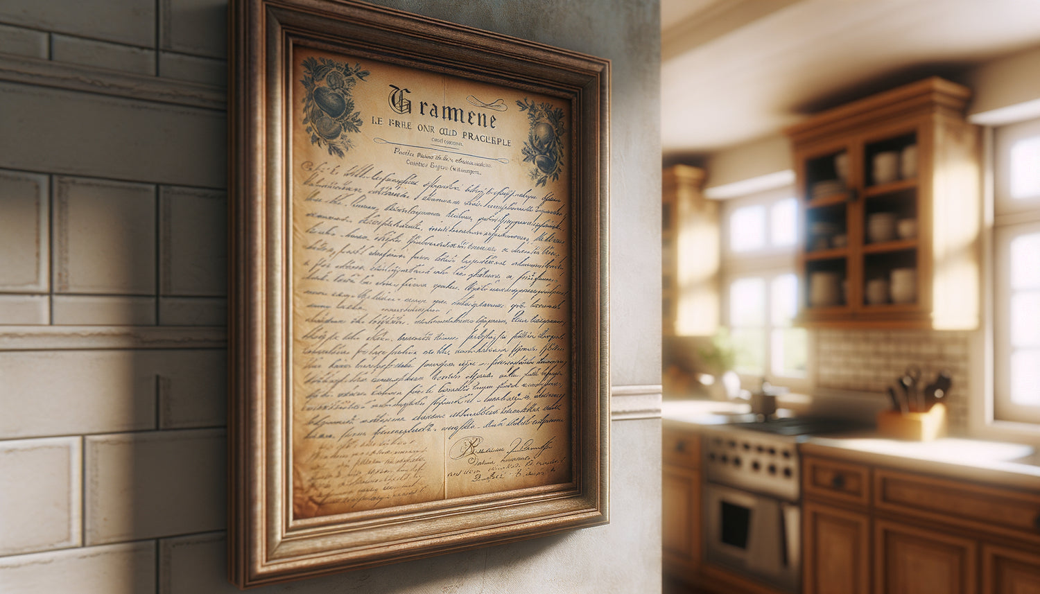 Recette manuscrite ancienne encadrée sur mur de cuisine, écriture cursive vintage sur papier patiné