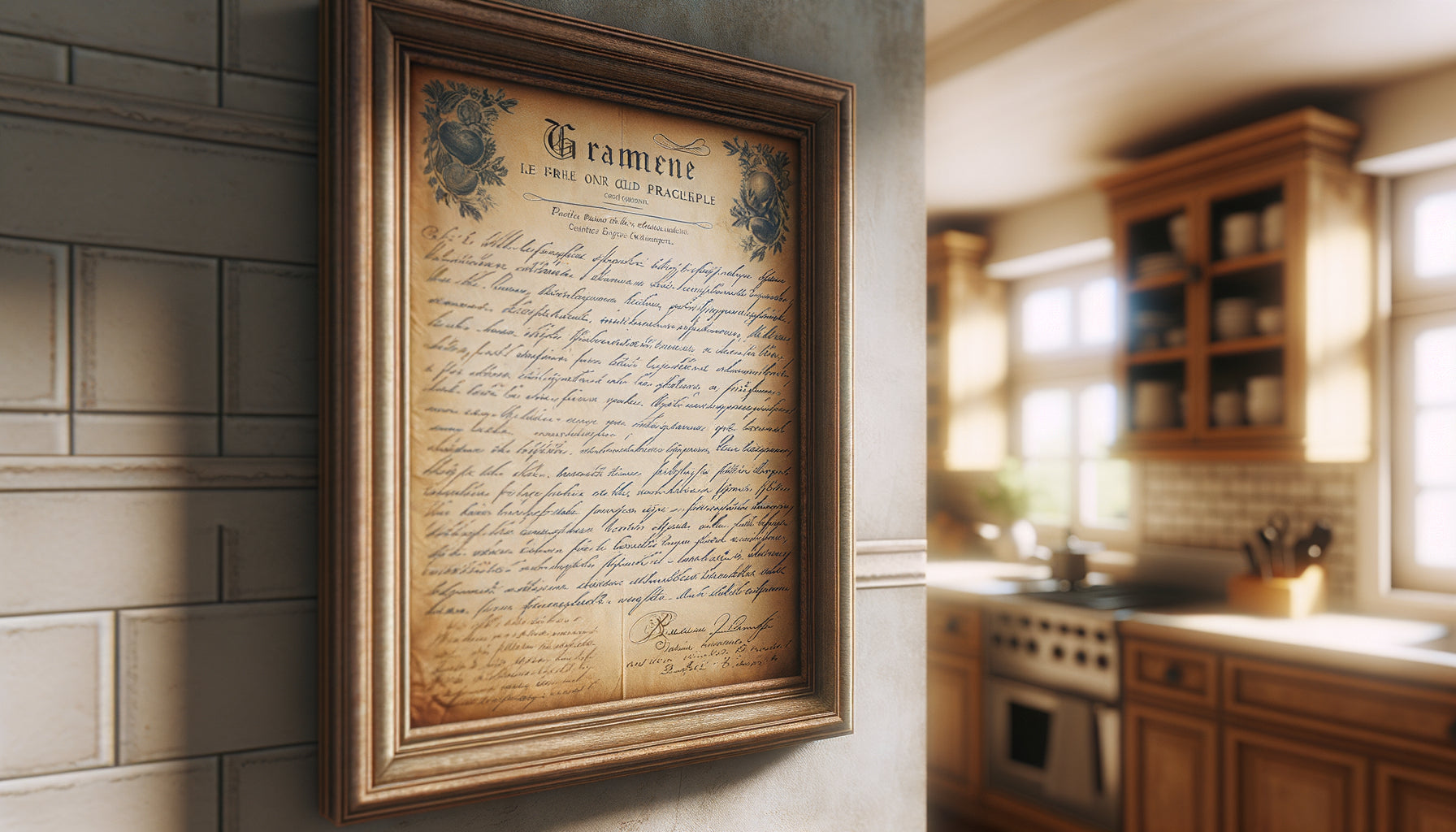 Recette manuscrite ancienne encadrée sur mur de cuisine, écriture cursive vintage sur papier patiné