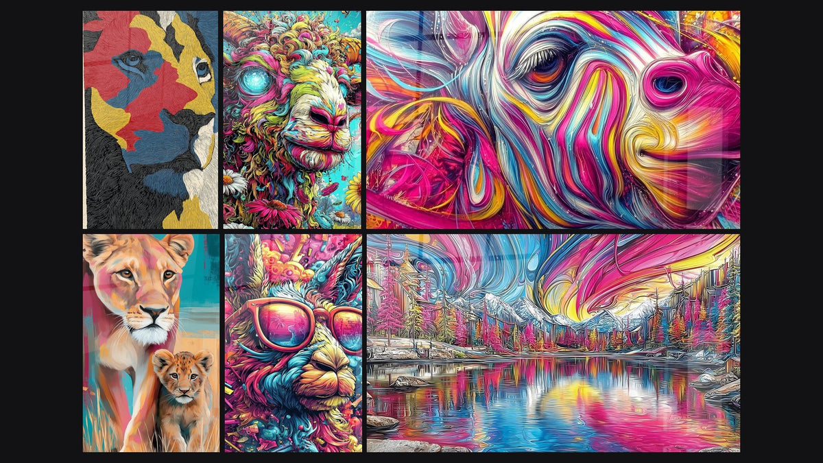 Mosaïque de six tableaux, dont Lion Multicolore aux Traits Gravés, Lama Lunettes et Chèvre Psychédélique
