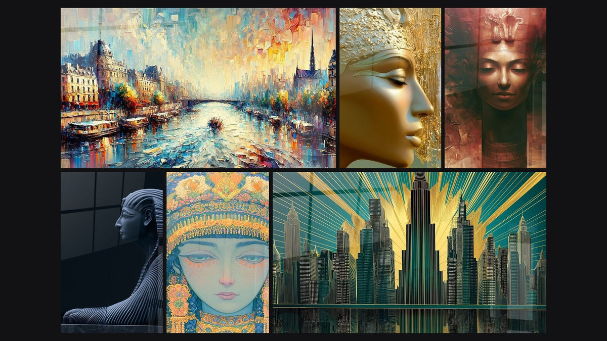 Mosaic of six paintings, including The Seine Wall Art No.1 and Golden Face with Pale Blue Eyelids