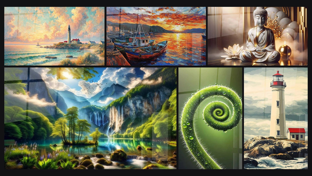 Mosaico di sei quadri, tra cui Alba sul Faro, Eden Verde con Mille Cascate e Porto N°3