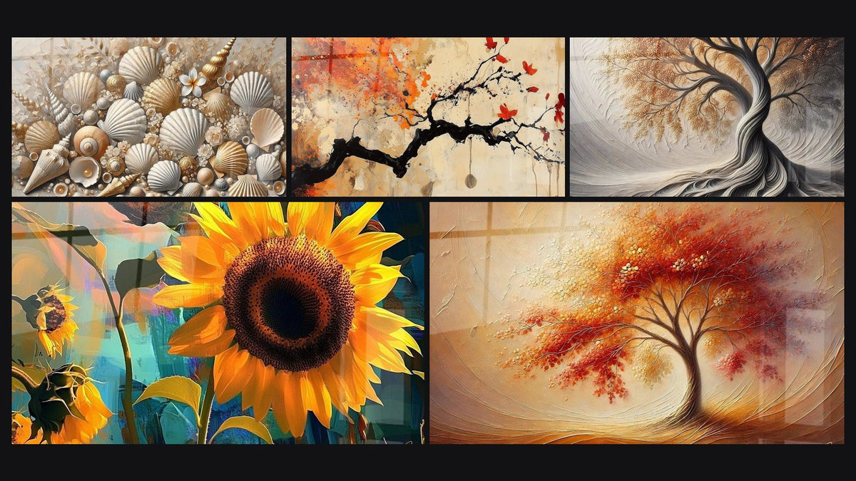 Mosaic of five paintings, including Jewels of the Sands, Terracotta Wall Art No.4 and Sunflower Wall Art No. 1
