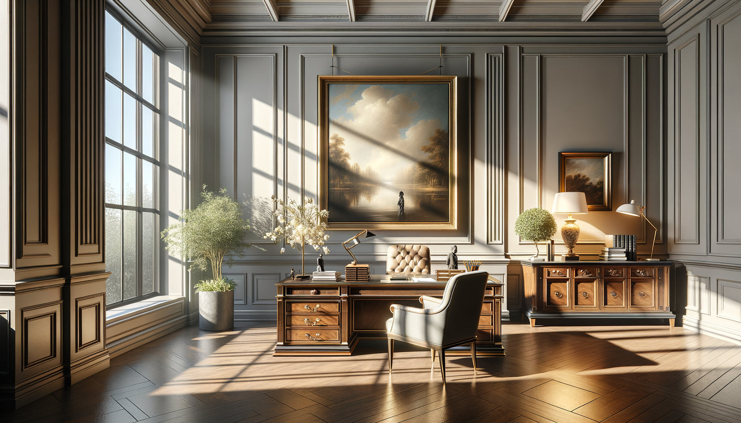 Tableau avec reflets gênants causés par fenêtre dans cabinet professionnel, lumière naturelle créant éblouissement sur verre