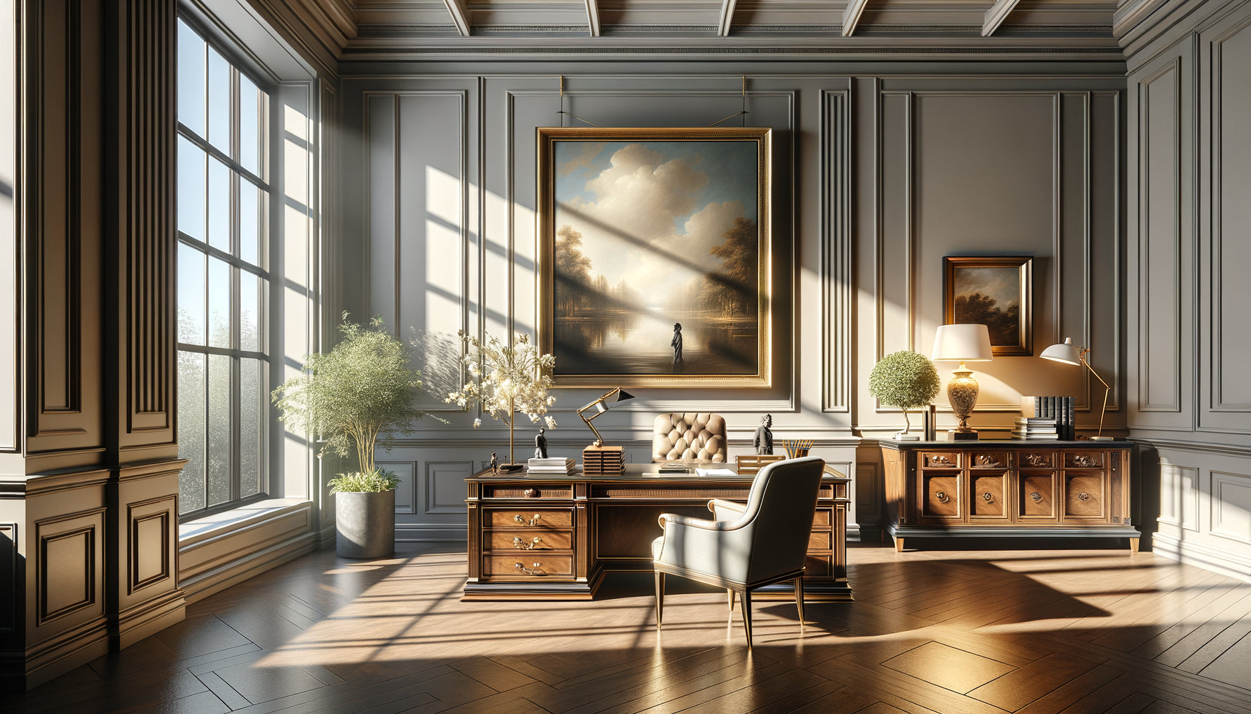 Tableau avec reflets gênants causés par fenêtre dans cabinet professionnel, lumière naturelle créant éblouissement sur verre