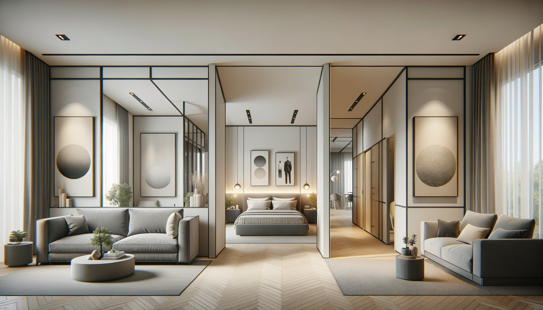 Appartement contemporain montrant la règle 3-2-1 : trois tableaux au salon, deux en chambre, un à l'entrée