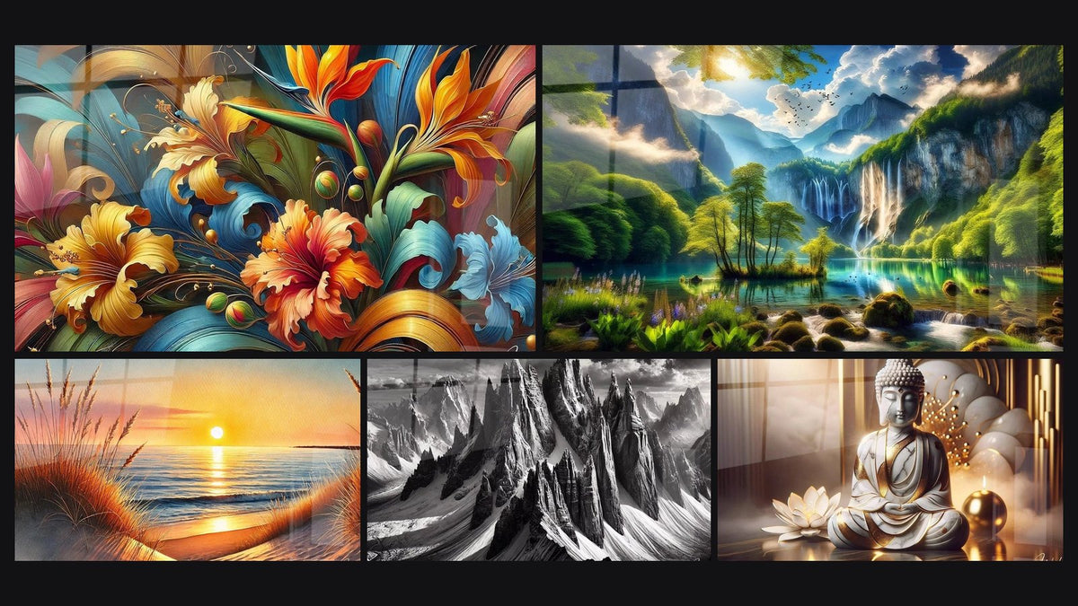 Mosaic of five paintings, including Botanical Rhapsody, When the Day Falls Asleep and In the Shadow of Giants