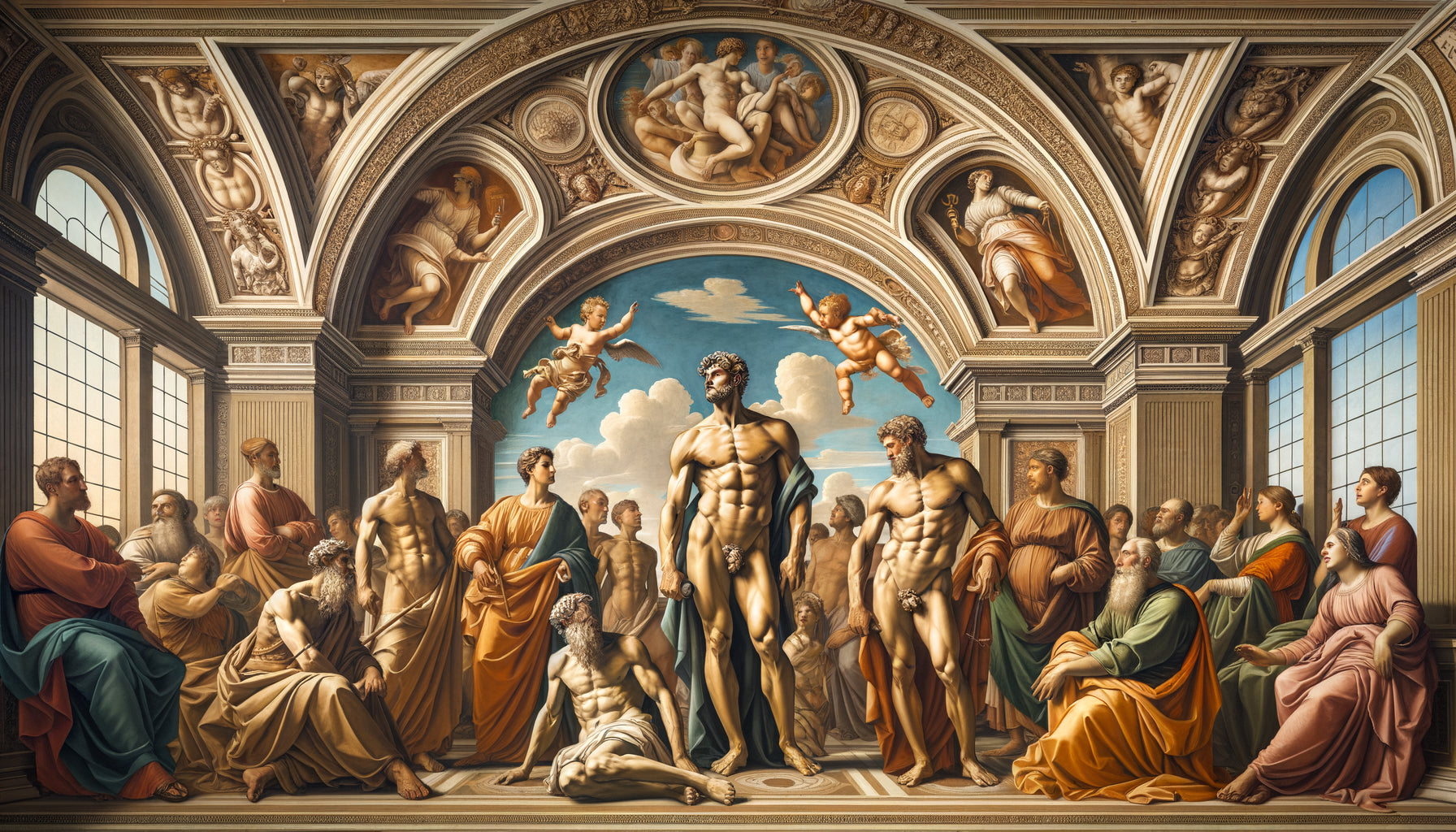 Fresque Renaissance italienne mêlant dieux antiques nus et figures bibliques, style Michel-Ange, humanisme néoplatonicien