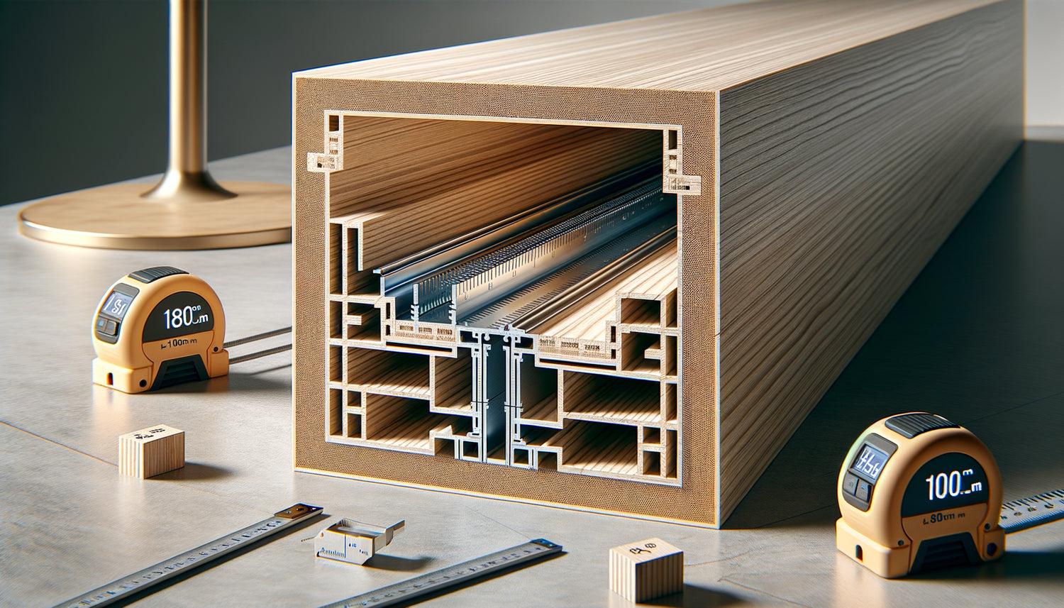 Coupe transversale d'étagère en bois de 180 cm révélant le système de renfort horizontal invisible intégré dans la structure