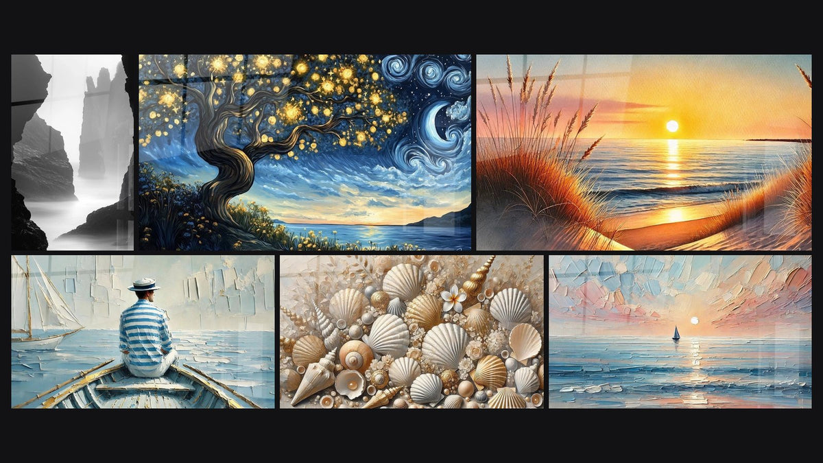 Mosaic of six paintings, including Fog Wall Art No. 1, The Art of Water and Jewels of the Sands