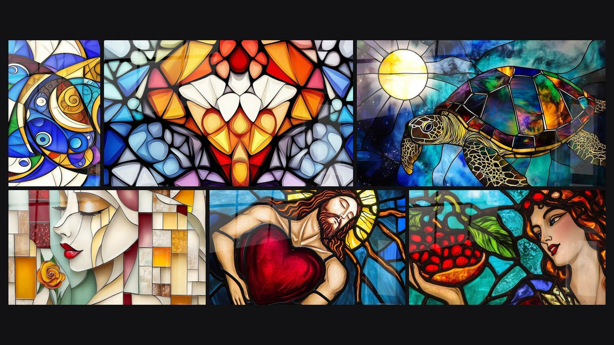Mosaic of six paintings, including Abstract Composition, Geometric Floral Pattern and Woman with golden hair