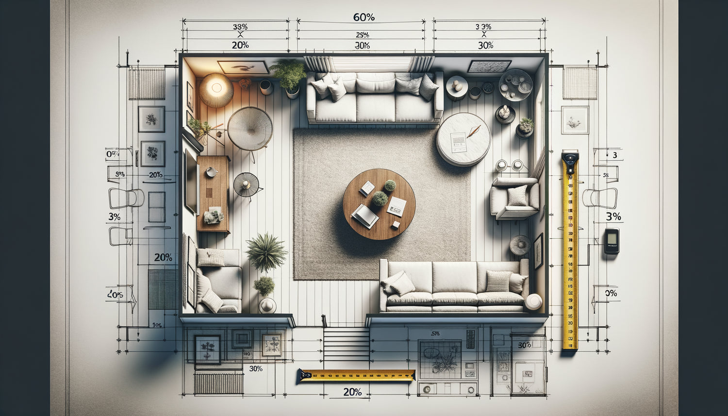Plan de répartition budgétaire déco selon la règle 60-30-10 avec tableaux de différentes tailles et budgets