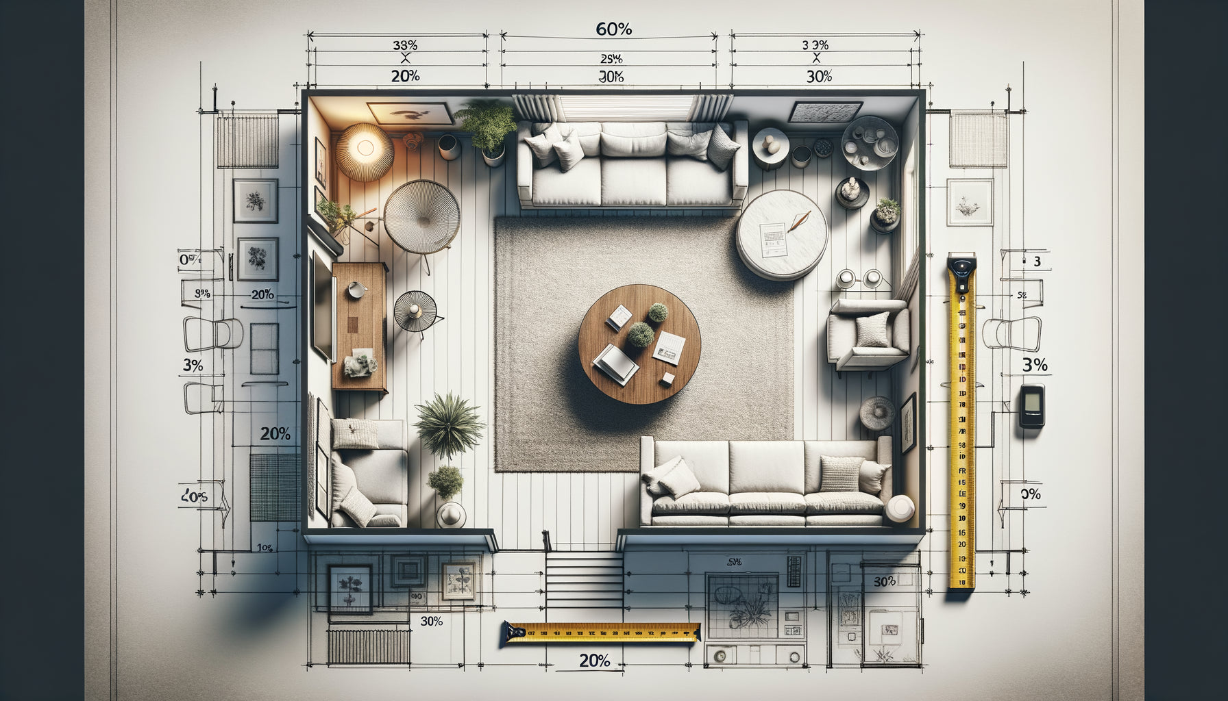 Plan de répartition budgétaire déco selon la règle 60-30-10 avec tableaux de différentes tailles et budgets