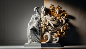 Contraste entre représentation minimaliste épurée d'Athéna et baroque opulente de Zeus, mythologie grecque styles opposés