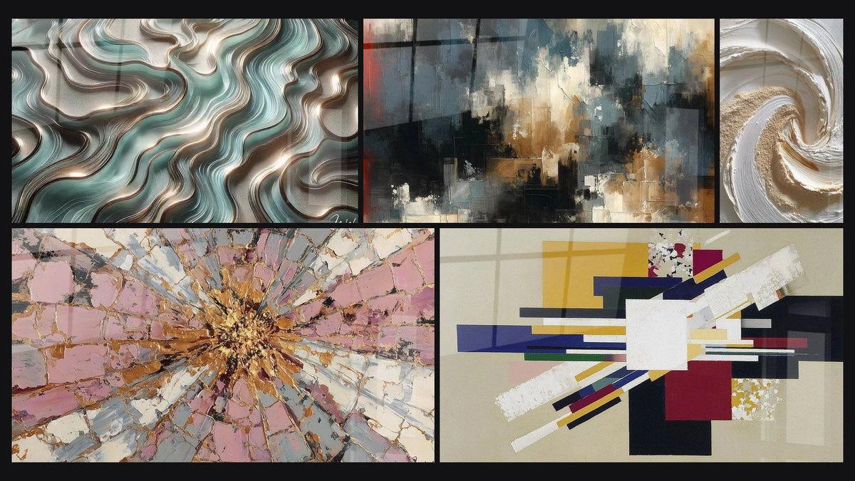 Mosaic of five paintings, including Ethereal Curves, Organized Chaos and Textured Relief Golden and White Spiral
