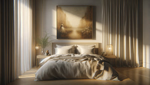 Chambre intime contemporaine avec reproduction d'œuvre impressionniste au-dessus du lit, ambiance chaleureuse et personnelle