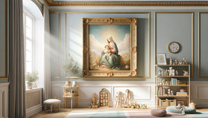 Chambre d'enfant lumineuse avec reproduction encadrée d'une œuvre classique Renaissance au-dessus de jouets en bois