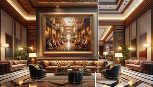 Comparaison entre reproduction haut de gamme et œuvre originale dans un hall d'hôtel de luxe contemporain