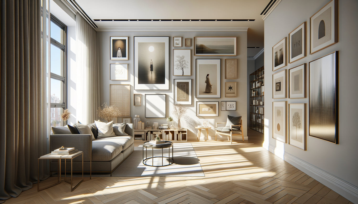 Intérieur de studio moderne avec reproductions d'art encadrées de qualité sur mur blanc, décoration contemporaine soignée