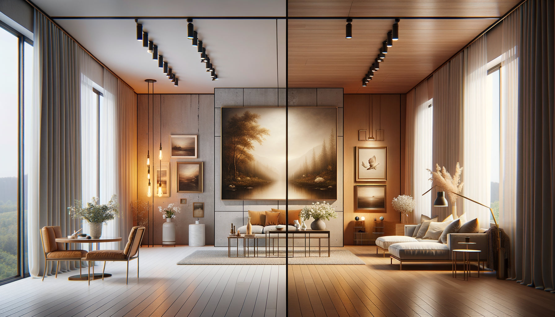 Comparaison visuelle entre reproduction d'art de qualité et œuvre originale dans un intérieur contemporain élégant