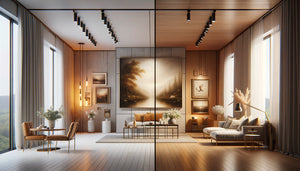 Comparaison visuelle entre reproduction d'art de qualité et œuvre originale dans un intérieur contemporain élégant