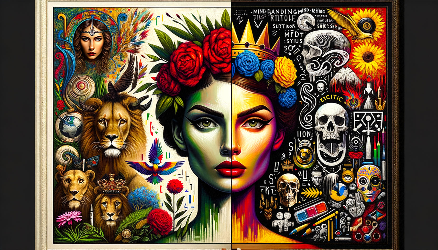 Reproduction style Frida Kahlo autoportrait surréaliste mexicain et œuvre néo-expressionniste Basquiat côte à côte, styles artistiques iconiques du 20ème siècle