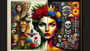 Reproduction style Frida Kahlo autoportrait surréaliste mexicain et œuvre néo-expressionniste Basquiat côte à côte, styles artistiques iconiques du 20ème siècle