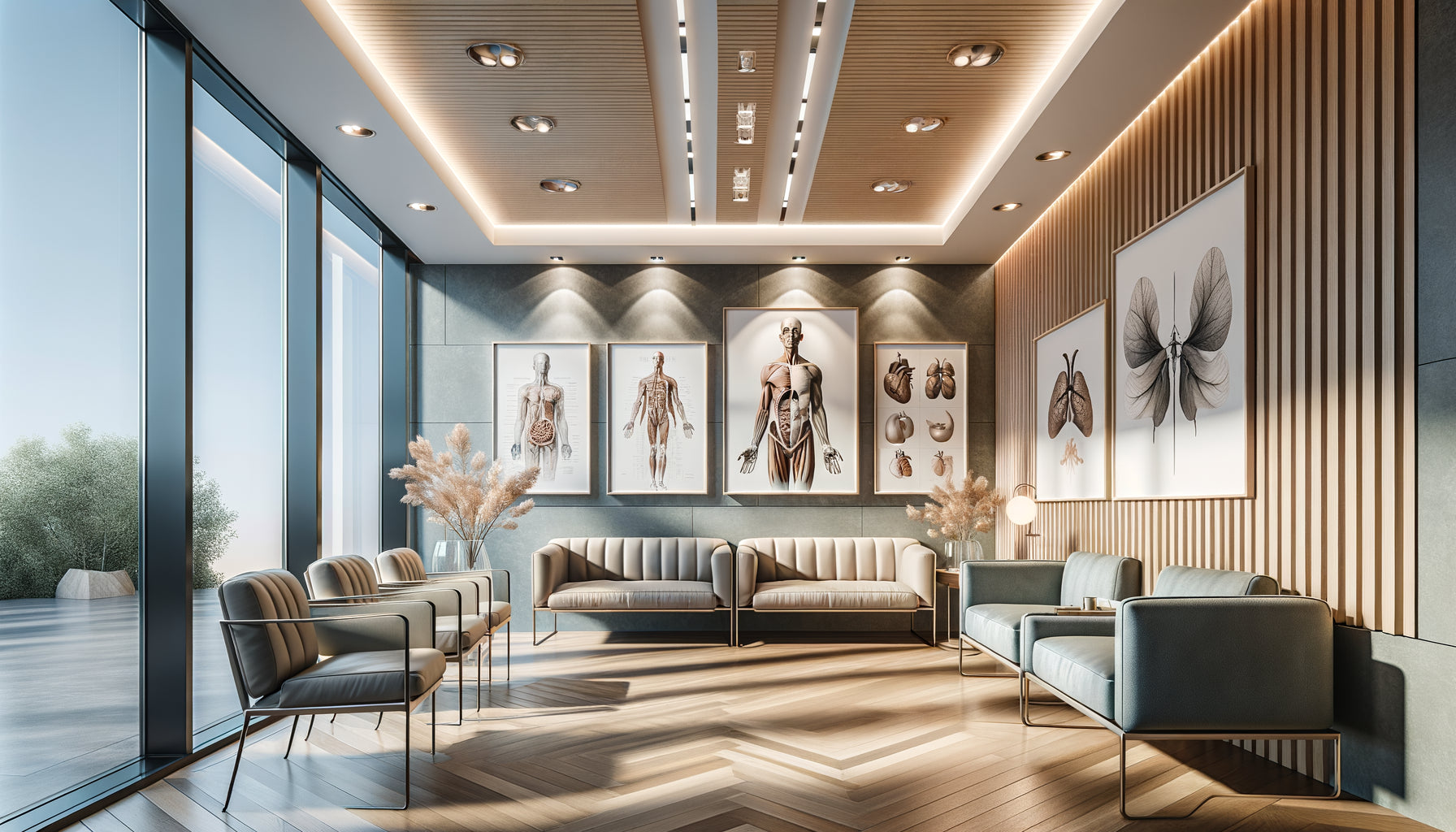 Cabinet médical privé moderne avec reproductions photographiques médicales artistiques au mur créant une atmosphère apaisante et professionnelle