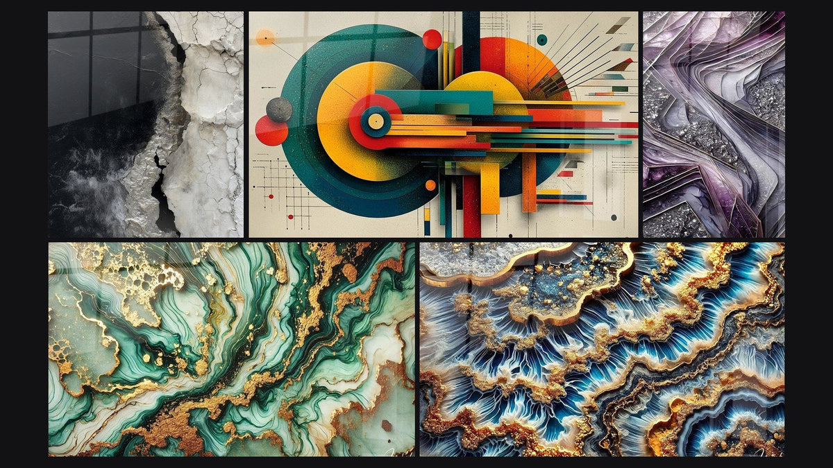 Mozaïek van vijf schilderijen, waaronder Geometrische tafel Concentrische energie, Mystieke Marmeringen en Gouden Getijde