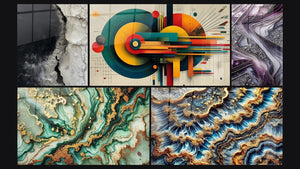 Mosaico de cinco cuadros, entre ellos Geométrico Energía Céntrica, Mármol Misterioso y Marea Dorada