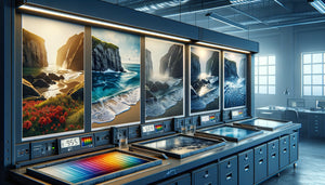 Comparaison photographique des quatre techniques d'impression face aux UV et à l'humidité en laboratoire côtier