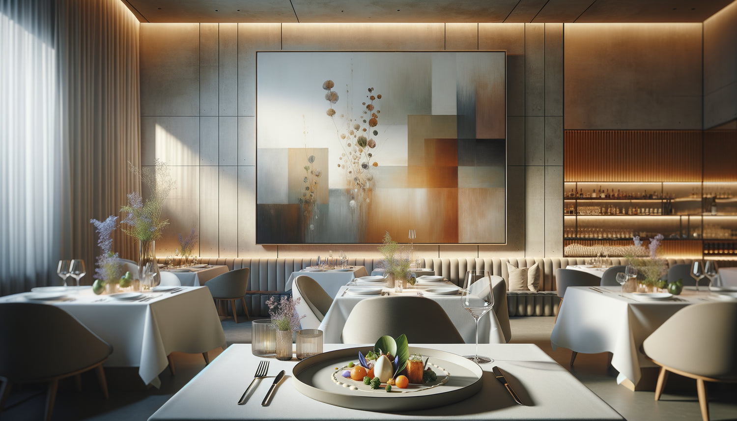 Restaurant gastronomique avec tableau aux teintes sobres et beiges mettant en valeur une assiette colorée