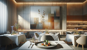 Restaurant gastronomique avec tableau aux teintes sobres et beiges mettant en valeur une assiette colorée