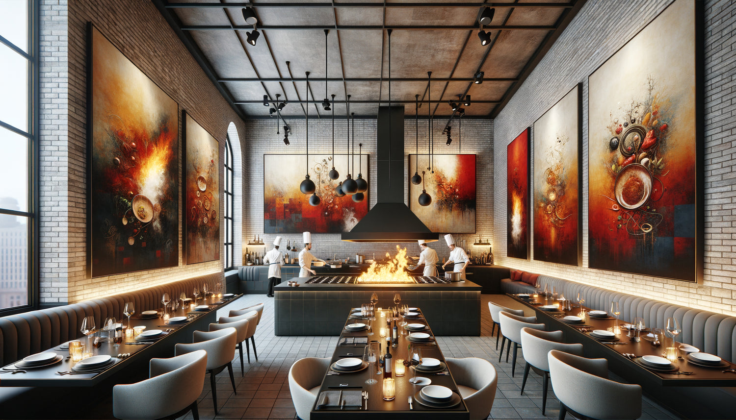 Restaurant contemporain avec cuisine ouverte et tableaux muraux modernes créant une harmonie visuelle avec le show-cooking