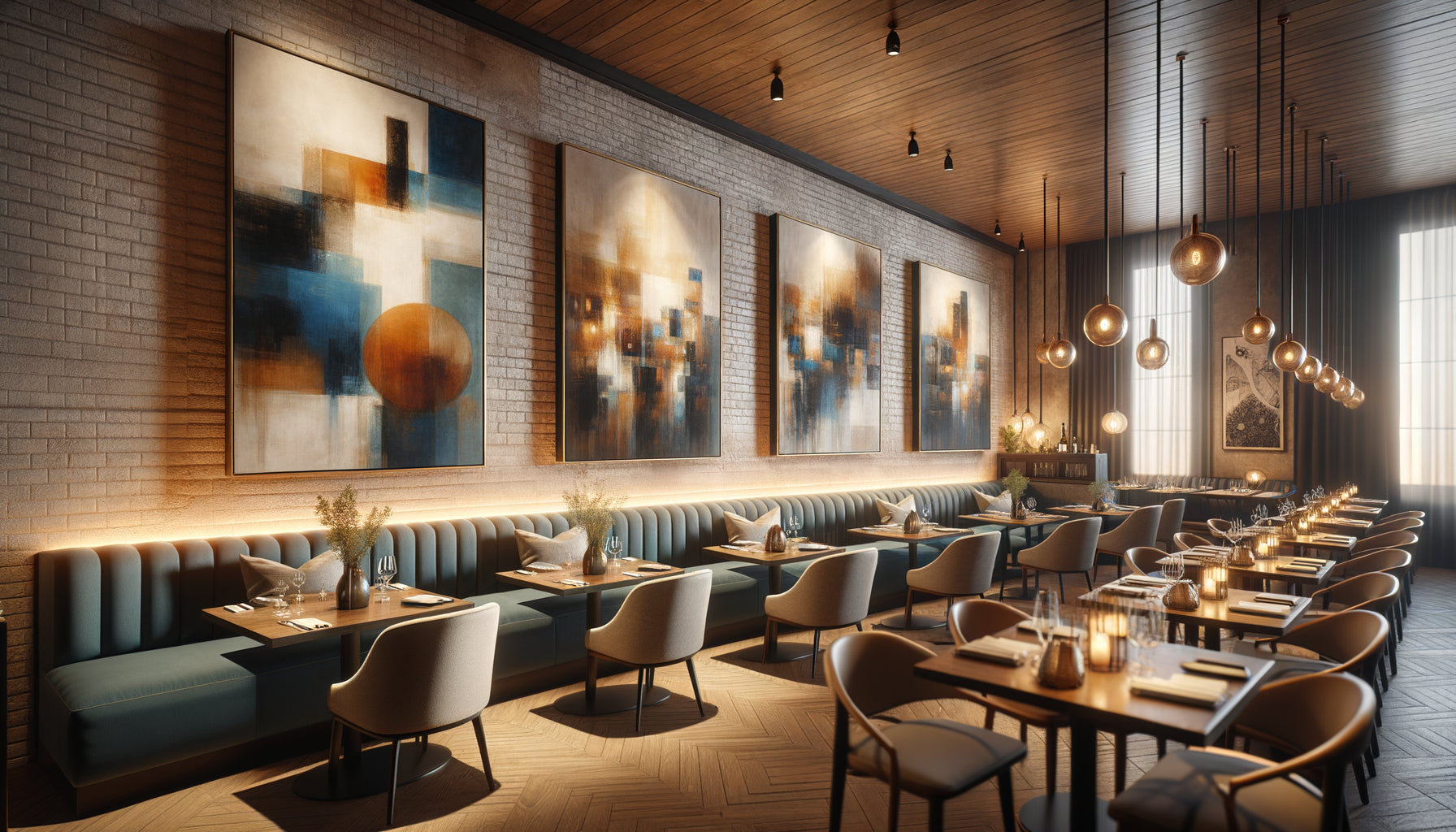 Intérieur de restaurant contemporain avec tableaux muraux décoratifs élégants sur mur de briques, ambiance chaleureuse professionnelle