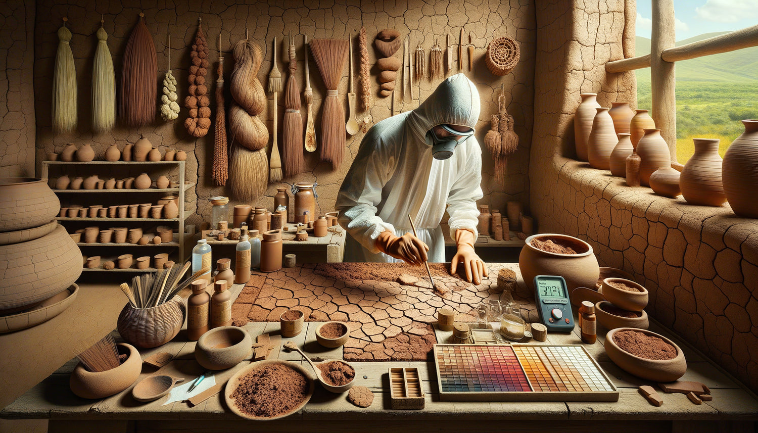 Restaurateur africain appliquant des techniques hybrides de conservation sur matériaux traditionnels en terre crue dans un atelier contemporain