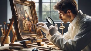 Restaurateur de musée examinant minutieusement un tableau ancien avec une loupe dans un atelier de conservation professionnel