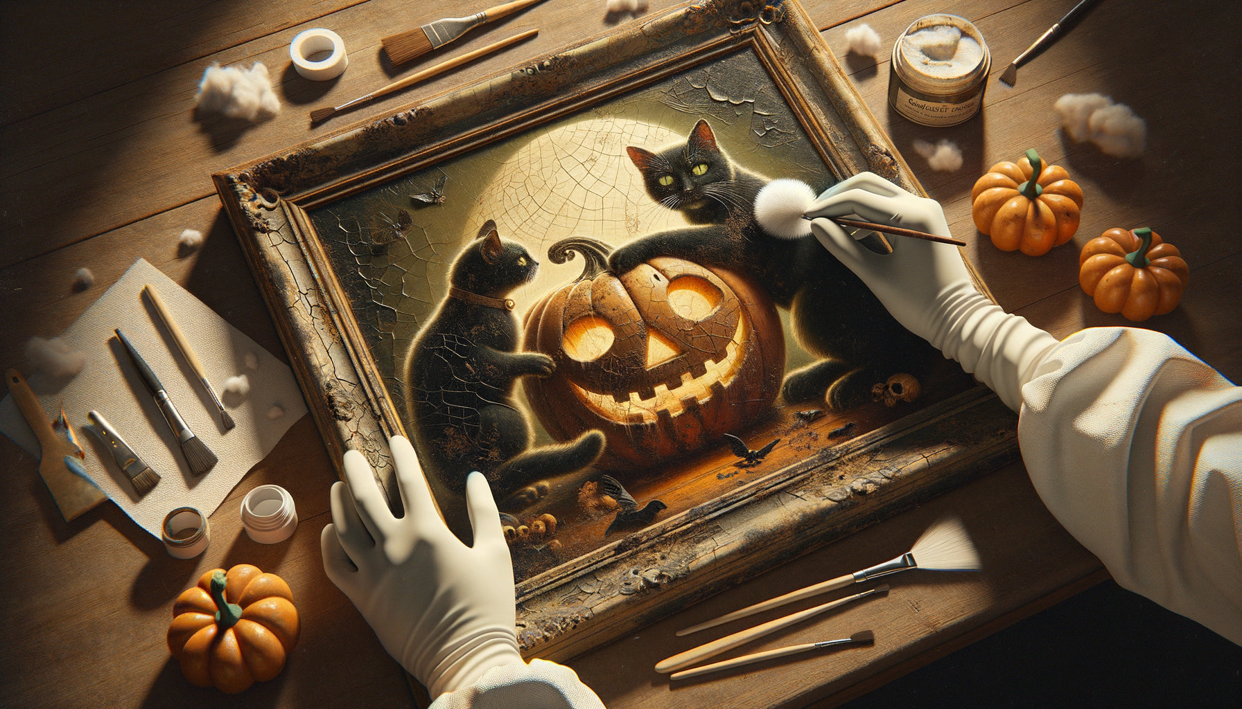 Restauration professionnelle d'un tableau Halloween ancien avec préservation de la patine d'origine authentique