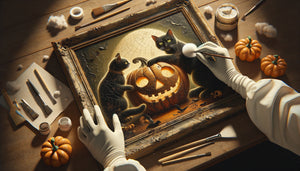 Restauration professionnelle d'un tableau Halloween ancien avec préservation de la patine d'origine authentique