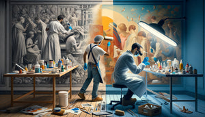 Comparaison visuelle entre restauration rapide de fresque d'hôtel et restauration scientifique minutieuse d'œuvre de musée