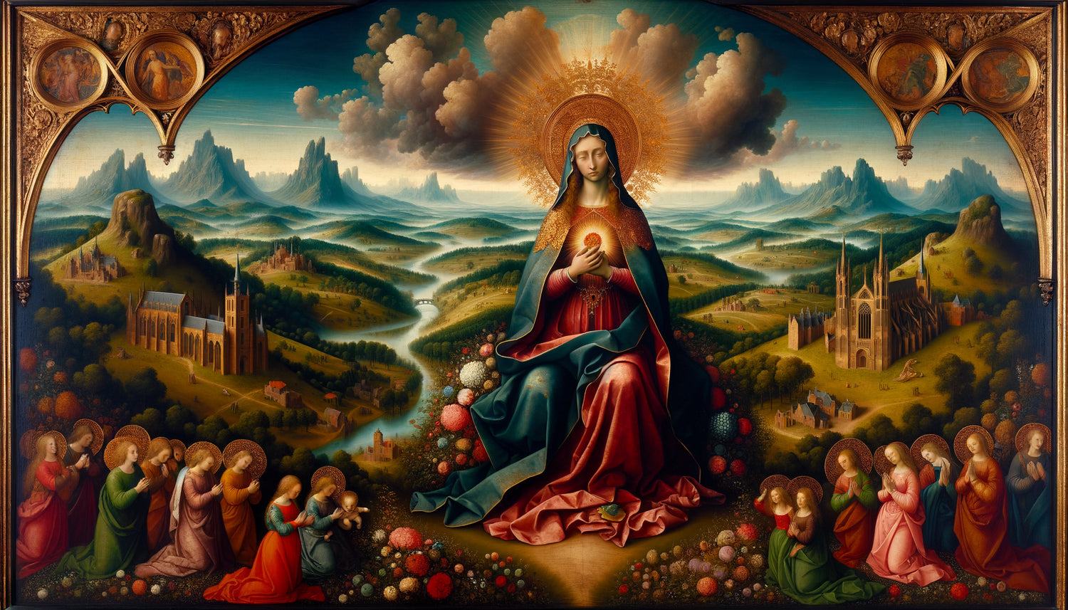 Détail de retable flamand du XVe siècle avec paysage de fond en perspective atmosphérique, style Van Eyck