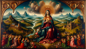 Détail de retable flamand du XVe siècle avec paysage de fond en perspective atmosphérique, style Van Eyck