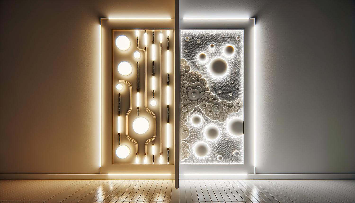 Comparaison technique panneau mural rétro-éclairé LED : points chauds visibles versus diffusion lumineuse homogène parfaite