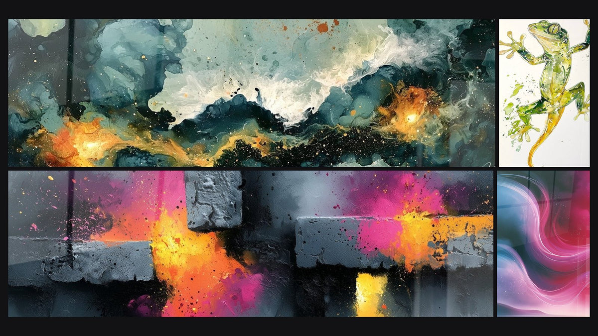 Mosaico di quattro quadri, tra cui Voluta luminosa rosa e blu notturno e Salamandra N°1