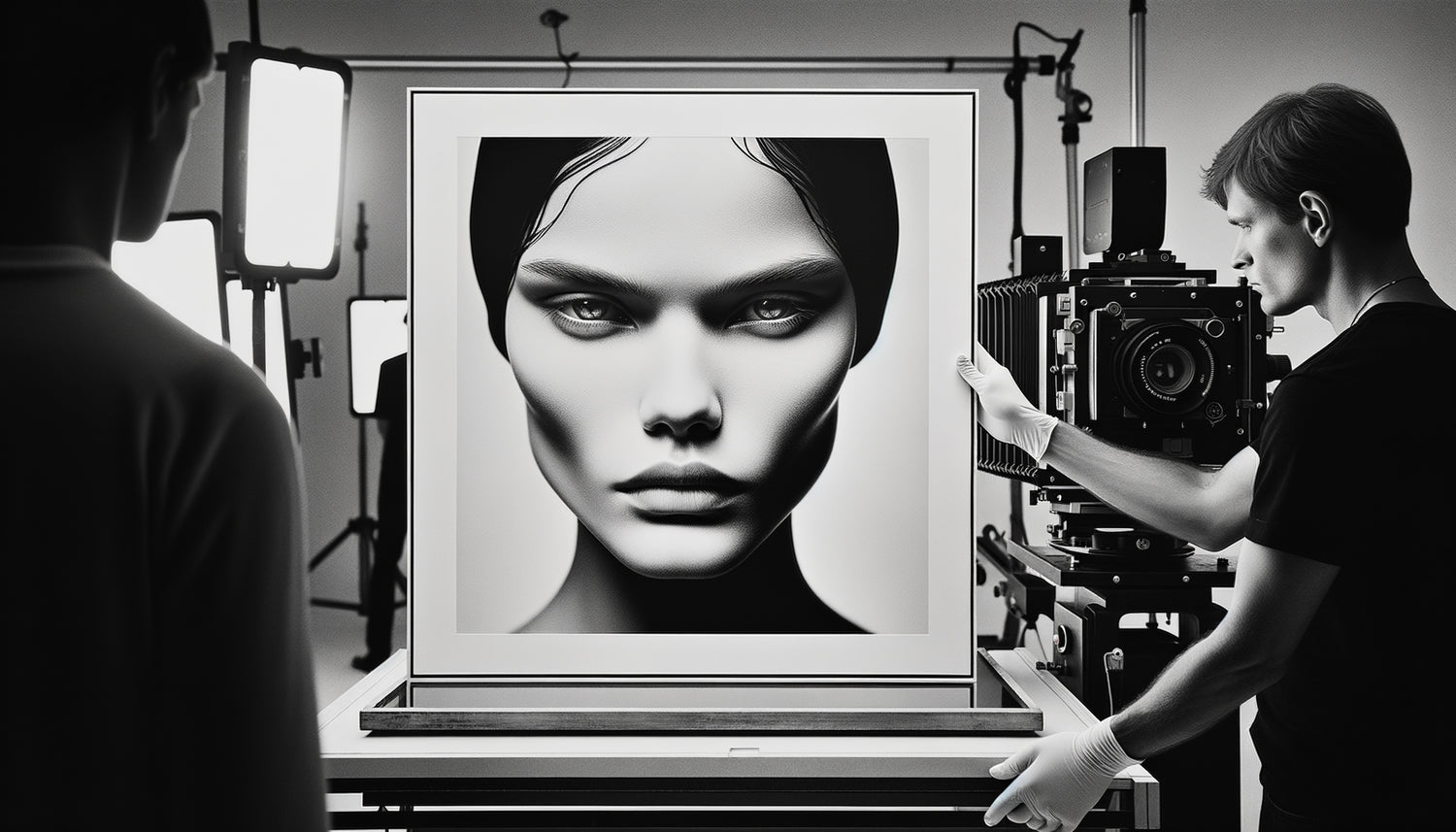 Portrait photographique noir et blanc style Richard Avedon, fond blanc minimaliste, esthétique argentique années 1960-1990