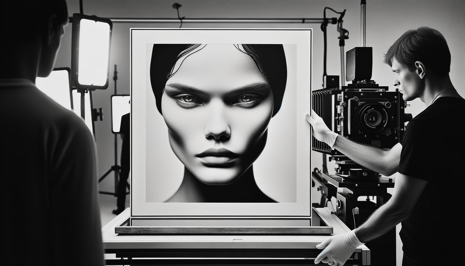 Portrait photographique noir et blanc style Richard Avedon, fond blanc minimaliste, esthétique argentique années 1960-1990