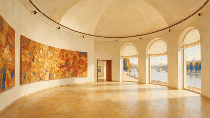 Une salle de musée circulaire et lumineuse, aux murs couverts d'une longue peinture abstraite, avec de grandes fenêtres sur un fleuve.