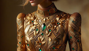 Robe haute couture dorée inspirée du Portrait d'Adele Bloch-Bauer I de Klimt, motifs byzantins géométriques, esthétique Sécession viennoise 1907