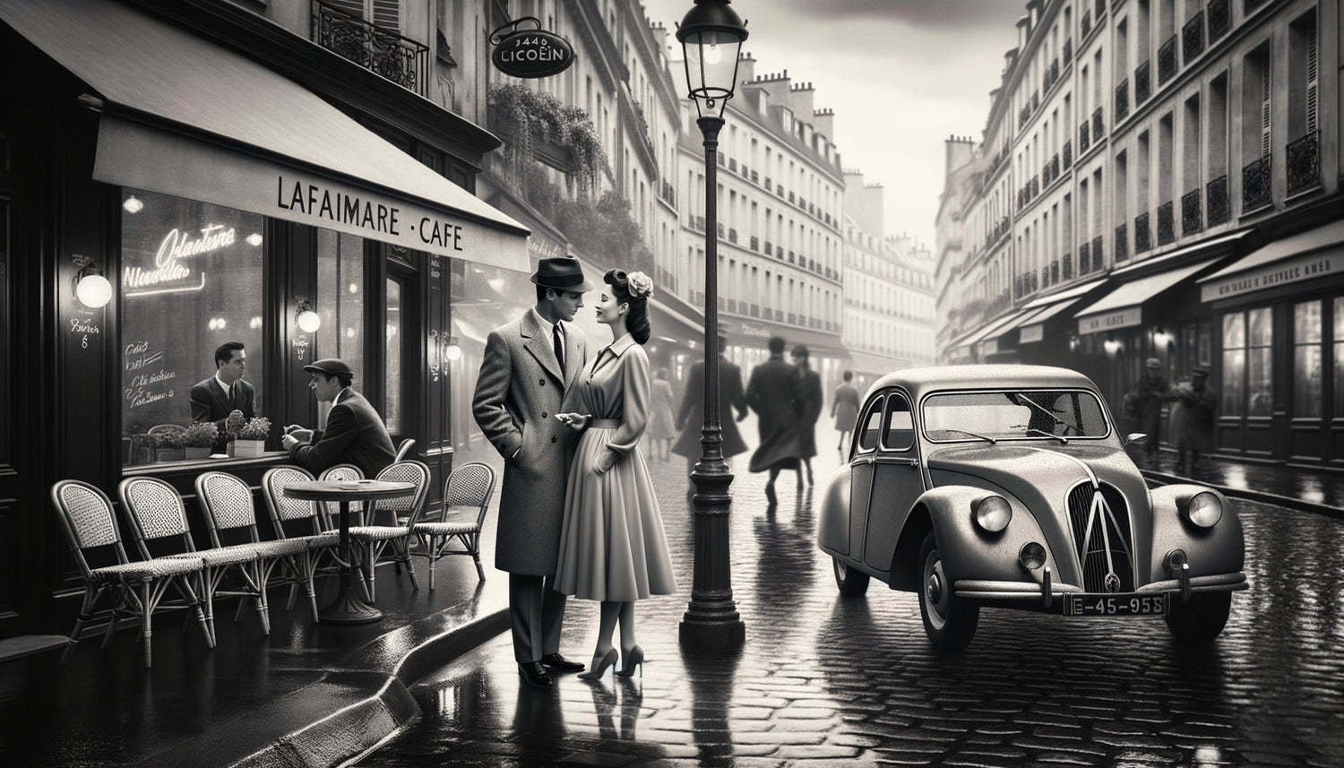 Scène de rue parisienne années 1950 en noir et blanc style Robert Doisneau, pavés humides et moment poétique