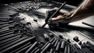 Gros plan sur mains d'artiste créant dessin hyperréaliste au fusain noir, technique par couches de Robert Longo